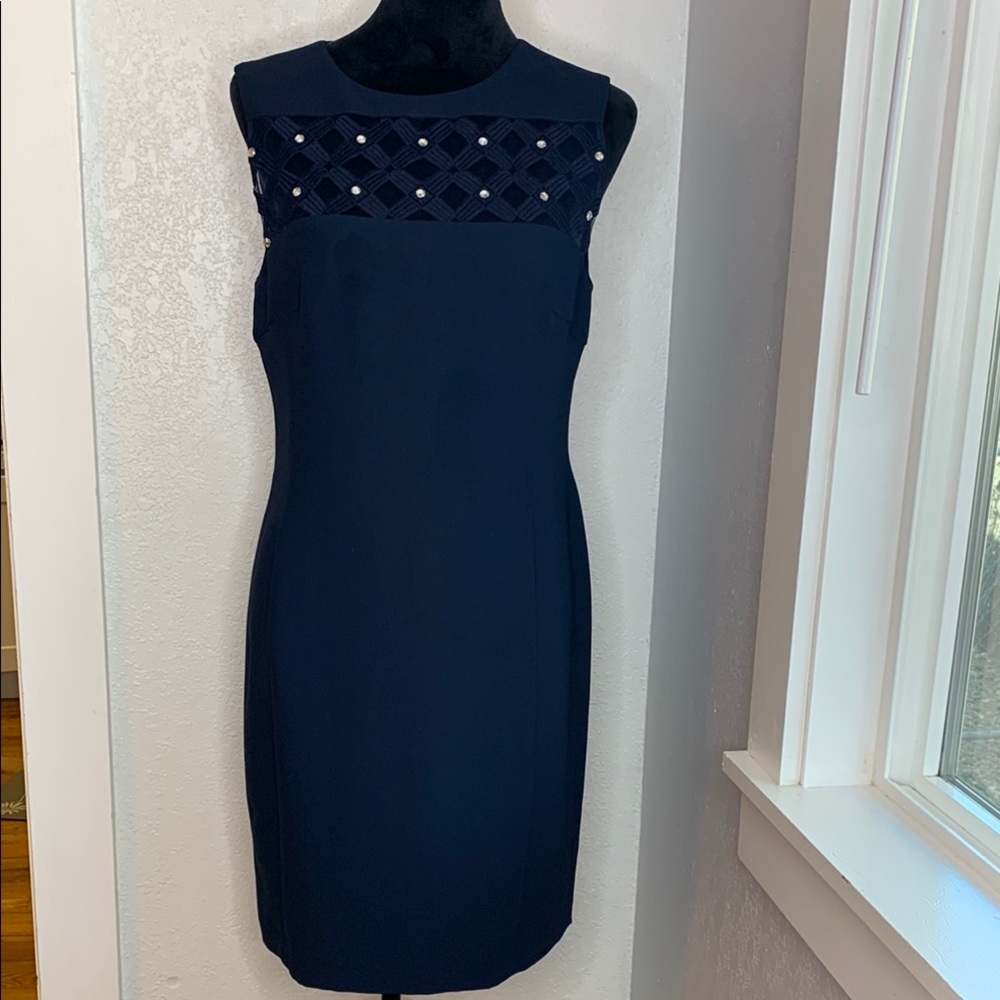 Evan-Picone Navy Embellished Sheath Dress Size 10 Sleeveless Career Cocktail